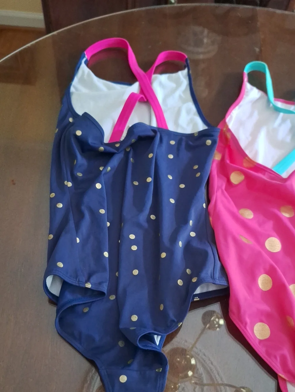 Two Boden Kids Size 13-14 Polka Dot One-Piece Swimsuits - Pink & Navy, Like New